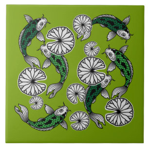 Azulejo De Cerâmica Padrão Folclórico de Carpa Verde Índigo Japonesa