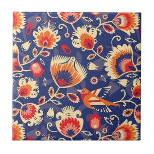 Azulejo De Cerâmica 💛 🧡 💙 padrão Folklore com flores amarela
