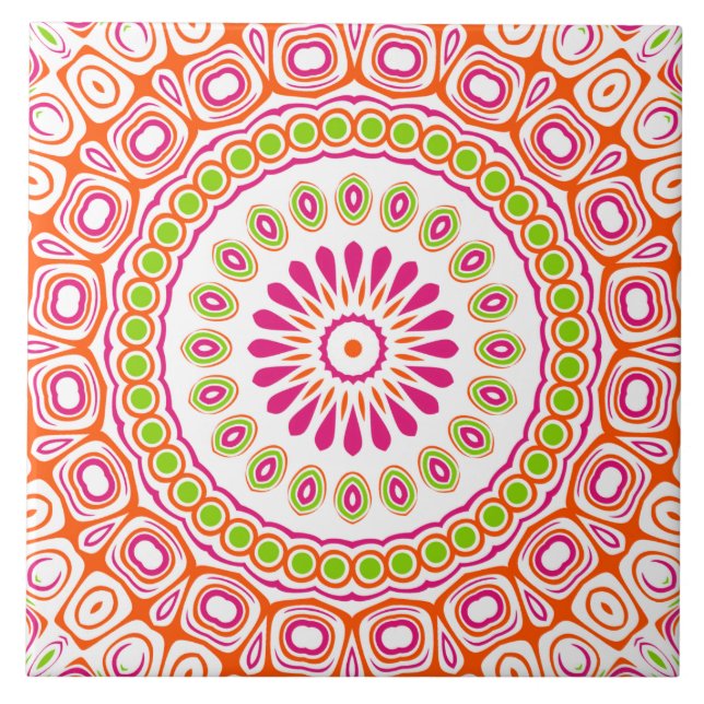 Azulejo De Cerâmica Padrão Fuchsia Orange e Green Vibrant Mandala (Frente)