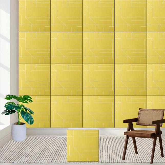 Azulejo De Cerâmica Padrão Geométrico Amarelo e Branco (Geometric Yellow and White Line Pattern Ceramic Tile)