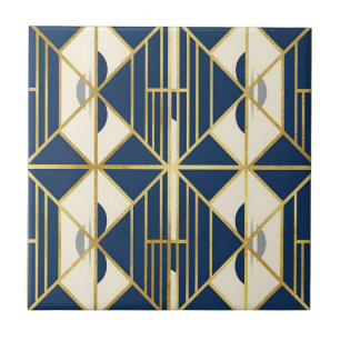 Azulejo De Cerâmica Padrão Geométrico Art Déco em Azul Marinho e Doura