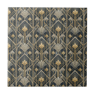 Azulejo De Cerâmica Padrão Geométrico Art Déco em Ouro e Carvão Preto
