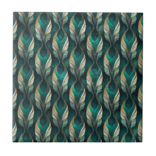 Azulejo De Cerâmica Padrão Geométrico Art Déco em Verde Água e Dourado