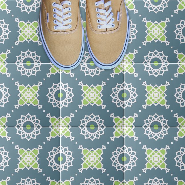 Azulejo De Cerâmica Padrão Geométrico Azul Verde Lace Branco (Criador carregado)