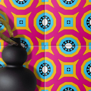 Azulejo De Cerâmica Padrão geométrico colorido, rosa quente e turquesa