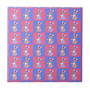Azulejo De Cerâmica Padrão Geométrico de Coelho Azul Cor-de-Rosa