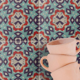 Azulejo De Cerâmica Padrão Geométrico do bege Vermelho-Teal Vibrante