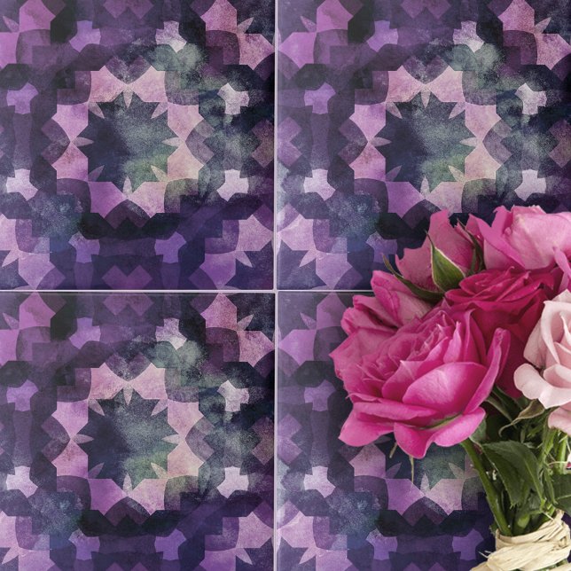 Azulejo De Cerâmica Padrão Geométrico do Complexo Preto Roxo Elegante (Criador carregado)