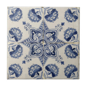Azulejo De Cerâmica Padrão Geométrico do Flor Branco Azul-Vintage