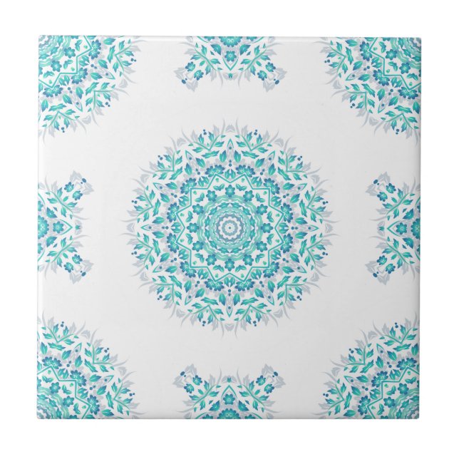 Azulejo De Cerâmica Padrão Geométrico do Mandala Branco Turquesa (Frente)