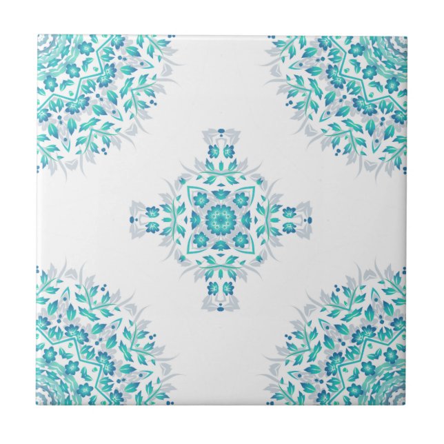 Azulejo De Cerâmica Padrão Geométrico do Mandala Branco Turquesa (Frente)
