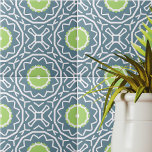 Azulejo De Cerâmica Padrão Geométrico do Mosaico Branco Azul<br><div class="desc">Apresentando um design captivador de azulejo cerâmica contemporânea que apresenta um arranjo sem falhas de formas geométricas verdes e brancas contra um pano de fundo azul suave.</div>