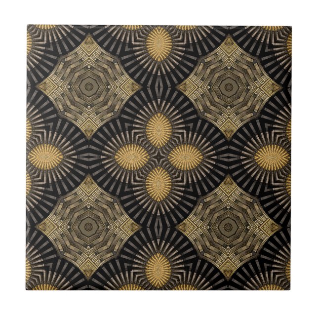 Azulejo De Cerâmica Padrão Geométrico Dourado e Preto (Frente)