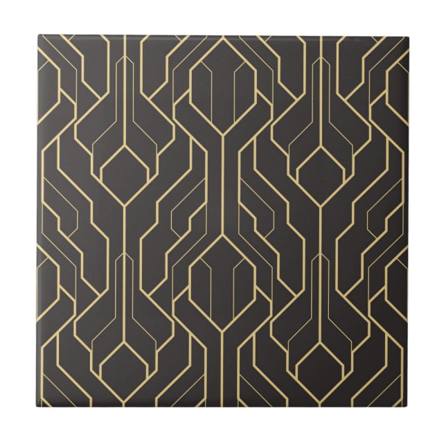 Azulejo De Cerâmica Padrão Geométrico Dourado Preto | Art Deco (Frente)