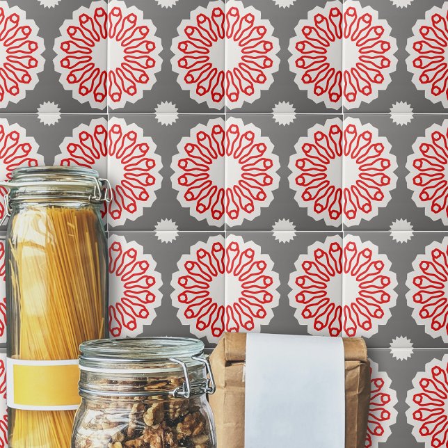 Azulejo De Cerâmica Padrão Geométrico Étnico Vermelho e Branco da Cinz (Criador carregado)
