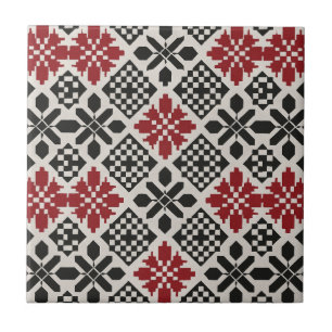 Azulejo De Cerâmica Padrão Geométrico Folk Preto Vermelho