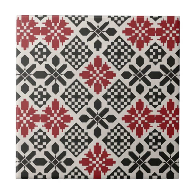 Azulejo De Cerâmica Padrão Geométrico Folk Preto Vermelho (Frente)