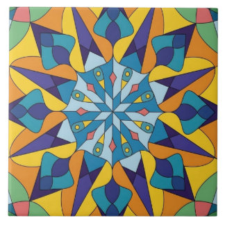 Azulejo De Cerâmica Padrão geométrico fractal azul e amarelo