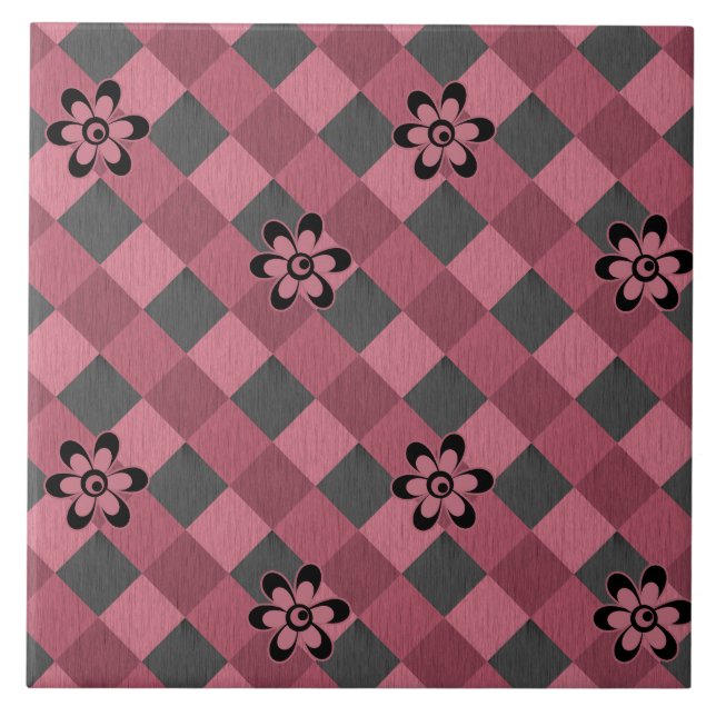 Azulejo De Cerâmica Padrão geométrico rosa-cinza com flores (Frente)