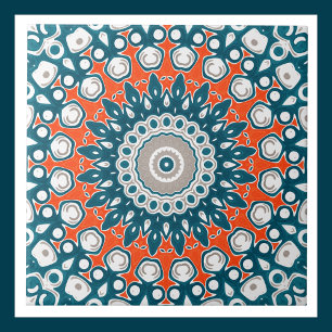 Azulejo De Cerâmica Padrão Geométrico Totem Laranja e Teal Mandala