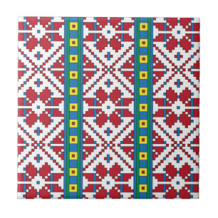 Azulejo De Cerâmica Padrão geométrico tribal vermelho, azul e estrel
