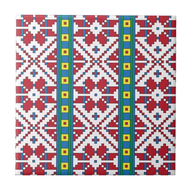 Azulejo De Cerâmica Padrão geométrico tribal vermelho, azul e estrela  (Frente)