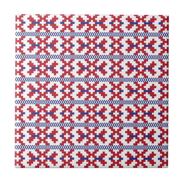 Azulejo De Cerâmica Padrão geométrico vermelho, azul e branco tribal (Frente)