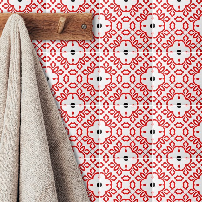 Azulejo De Cerâmica Padrão Geométrico Vermelho Branco e Preto (Criador carregado)