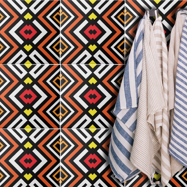 Azulejo De Cerâmica Padrão Geométrico Vermelho Laranja Negro Branco (Criador carregado)