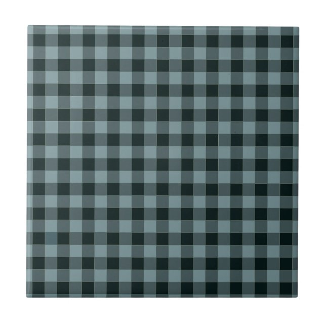 Azulejo De Cerâmica Padrão Gingham Preto Azul Verificado (Frente)