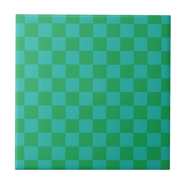 Azulejo De Cerâmica Padrão Gingham Verde Azul Verificado (Frente)