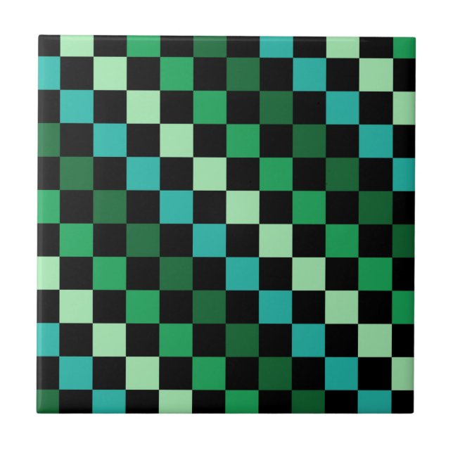 Azulejo De Cerâmica Padrão Gingham Verde Azul Verificado (Frente)
