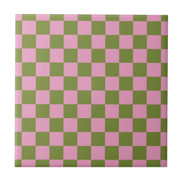 Azulejo De Cerâmica Padrão Gingham Verdejado Rosa (Frente)