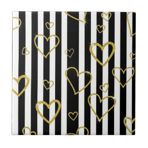 Azulejo De Cerâmica Padrão Glam Black Stripe Gold Heart (6)