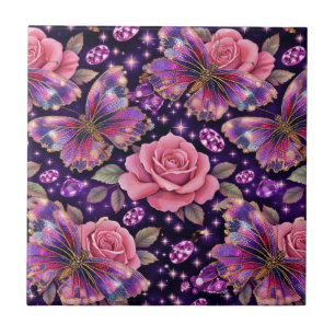 Azulejo De Cerâmica Padrão Glam Rosa Pink Borboleta Joalheria Elegante