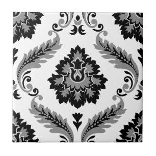 Azulejo De Cerâmica Padrão Grande Damasco Rococó Cinza Preto Branco