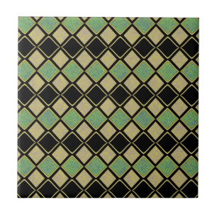 Azulejo De Cerâmica Padrão Harlequim em Dourado, Verde e Preto