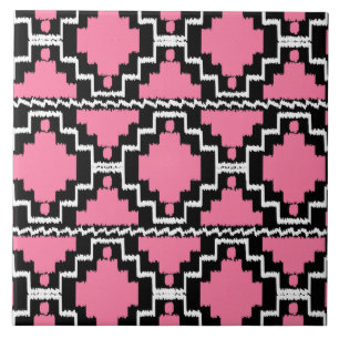Azulejo De Cerâmica Padrão Ikat Aztec - Rosa Fuchsia, Preto e Branco
