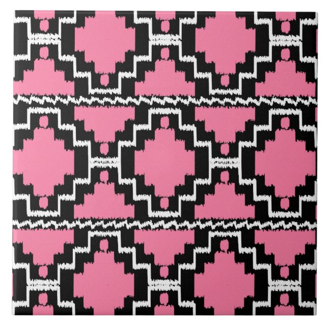 Azulejo De Cerâmica Padrão Ikat Aztec - Rosa Fuchsia, Preto e Branco (Frente)