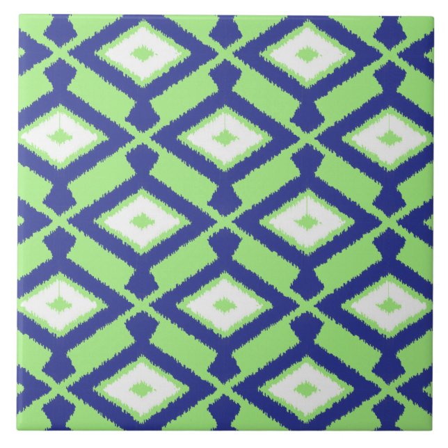 Azulejo De Cerâmica Padrão Ikat - Verde, Azul Indigo e Branco (Frente)