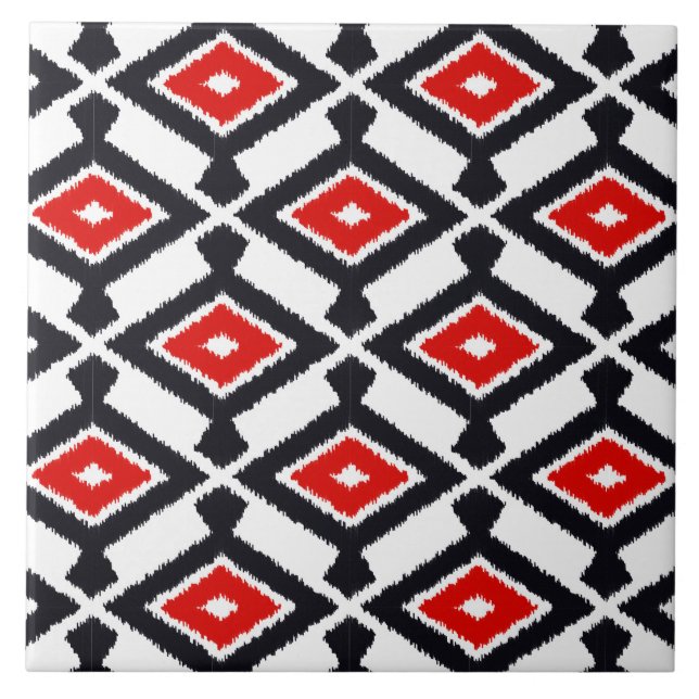 Azulejo De Cerâmica Padrão Ikat - Vermelho escuro, preto e branco (Frente)