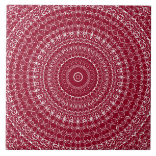 Azulejo De Cerâmica Padrão Intricado de Mandala Burgundy e Branco