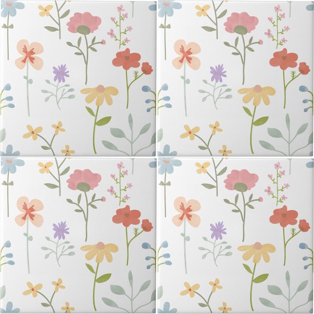 Azulejo De Cerâmica Padrão Invisível de Cores Aquáticas Selvagens Flor (Colorful Watercolor Wild Floral Pattern Ceramic Tile)