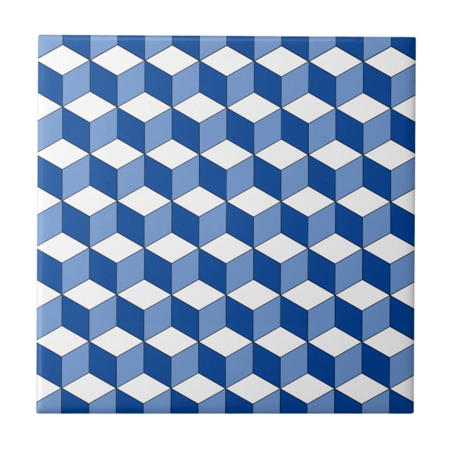 Azulejo De Cerâmica Padrão Isométrico Azul Monocromático (Frente)