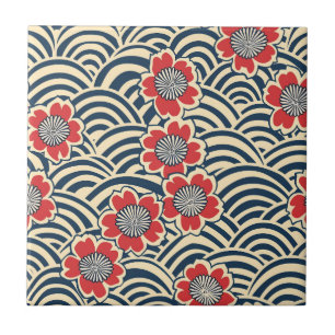 Azulejo De Cerâmica Padrão Japonês Creme Onda Marinha Sakura Vermelha