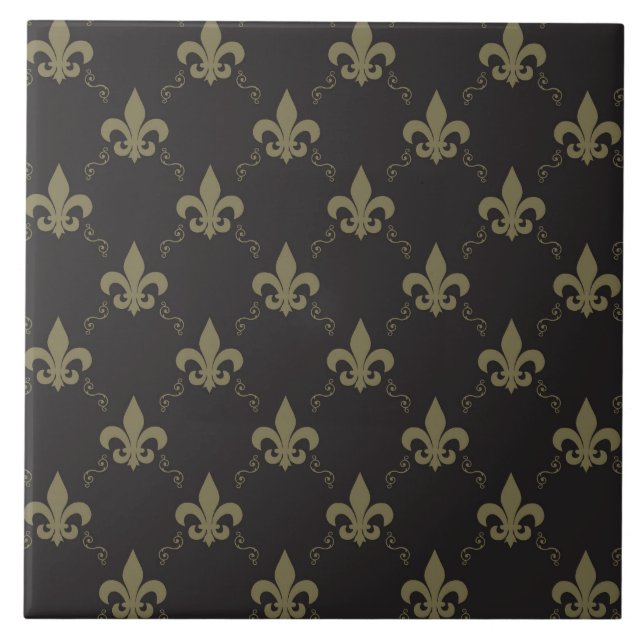 Azulejo De Cerâmica Padrão Luxuoso Black Fleur De Lis Dourado (Frente)