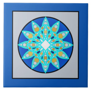 Azulejo De Cerâmica Padrão Mandala em azul Cobalto e Cinzas / Cinza