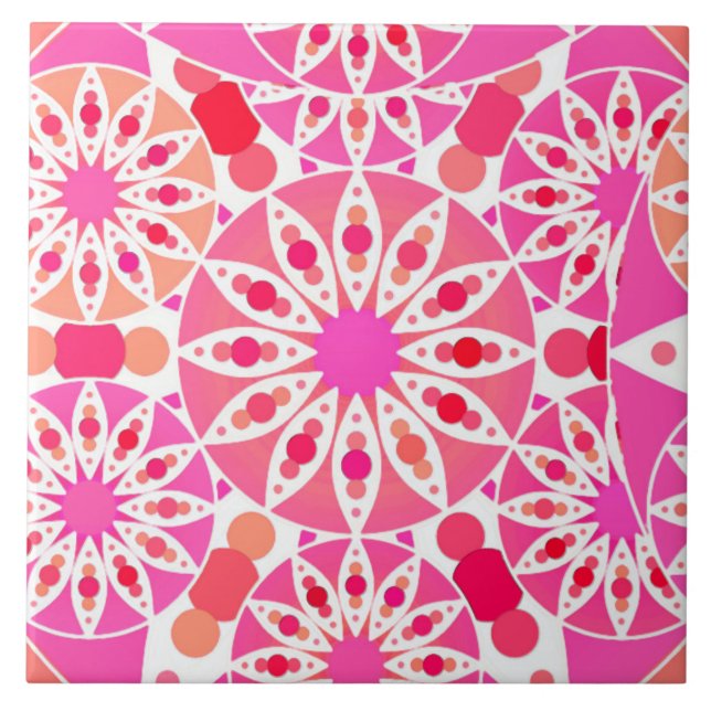 Azulejo De Cerâmica Padrão Mandala em rosa e coral (Frente)