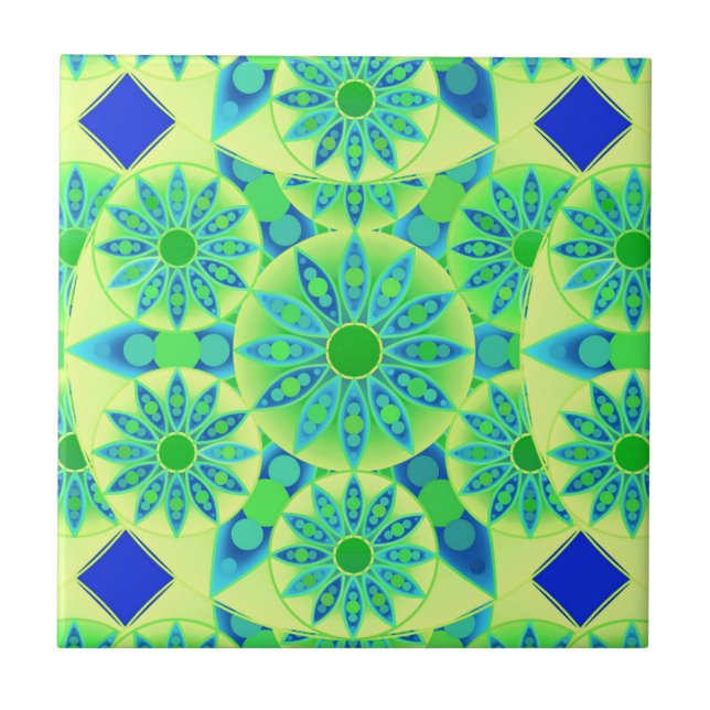 Azulejo De Cerâmica Padrão Mandala, turquesa, azul, verde limão (Frente)
