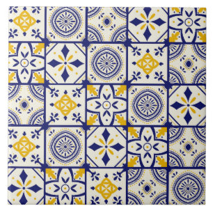 Azulejo De Cerâmica Padrão marroquino em azul, amarelo, creme